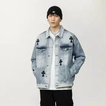 Американская модная брендовая джинсовая куртка мужская свободная большого размера High Street Casual Tooling Jacket Top Trendy M синий