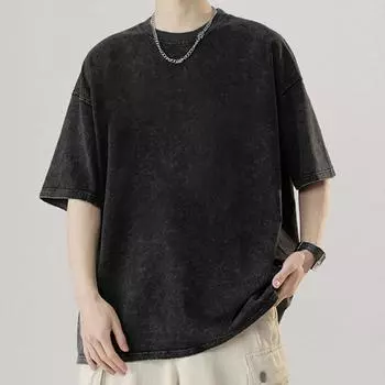 Американская мужская футболка в стиле ретро, потертая футболка с короткими рукавами, мужская футболка из чистого хлопка, свободная повседневная мужская футболка с короткими рукавами S чёрный