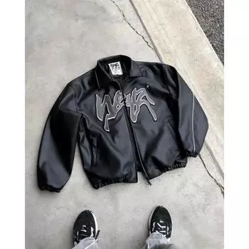 Американская мужская куртка в стиле хип-хоп в стиле ретро с буквенным узором Y2k Harajuku, модная кожаная куртка с длинным рукавом и молнией, куртка в уличном стиле S чёрный