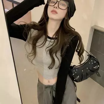 Американская нерегулярная короткая футболка женская осенняя новинка горячая девушка с длинными рукавами тонкая внутренняя многослойная рубашка топ M