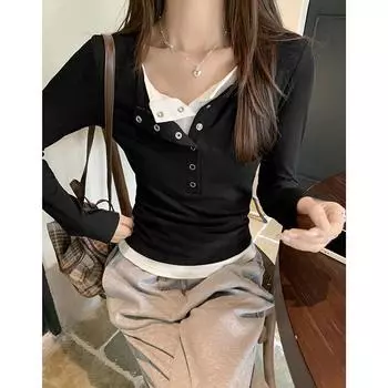 Американская поддельная двухкомпонентная женская футболка на пуговицах с полуоткрытым воротником, длинными рукавами, узкой талией и базовым слоем сверху S