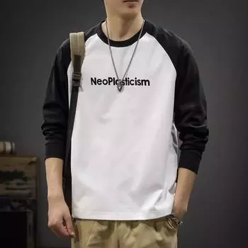 Американская повседневная контрастная цветная футболка с круглым вырезом и длинными рукавами, мужская свободная футболка большого размера, модный свитер на весну и осень с внутренней частью и нижней рубашкой M хаки