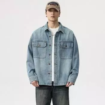 Американская прочная рубашка из стираного денима с длинными рукавами, мужская свободная куртка большого размера, мужская куртка Ruffian Handsome M синий