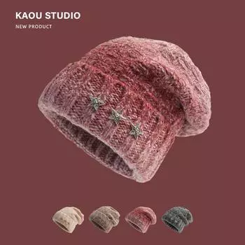 Американская пустошь ветер улица модный бренд вязаная шапка женская панк металл пентаграмма постепенное изменение ворсовая шапка осень и зима холодная шапка мужская Average size [head circumference 55-58cm] красный