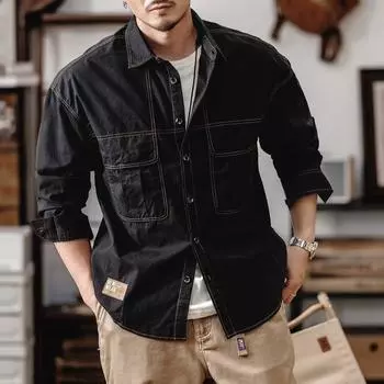Американская рабочая одежда, рубашка с длинными рукавами и заниженными плечами, мужская свободная брендовая осенняя куртка, мужские красивые трендовые повседневные мужские рубашки M синий