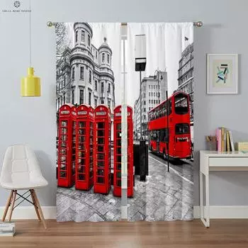 Американская ретро-архитектура 3D-печать занавесок, черно-белая, красный почтовый ящик, спальня, гостиная, кабинет, декоративная, 2 шт. W50xH130(CM)x2PCS&Rod pocket