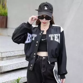 Американская ретро-байкерская бейсбольная куртка для женщин Весенняя новая уличная короткая кожаная куртка для женщин Ins S