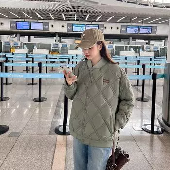 Американская ретро-бейсбольная хлопковая куртка с ромбом, женская зимняя утепленная хлопковая утолщенная теплая свободная оснастка, модная хлопковая утепленная одежда M чёрный