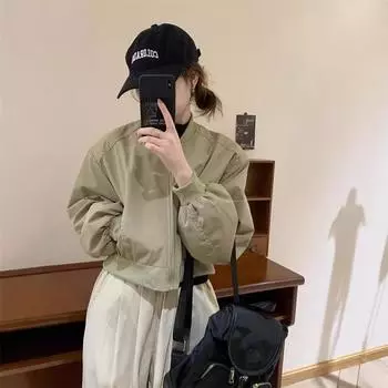 Американская ретро бейсбольная куртка женская новая весенне-осенняя маленькая мужская круглая горловина короткая куртка топ S recommends 85-52.5 kg зеленые хаки