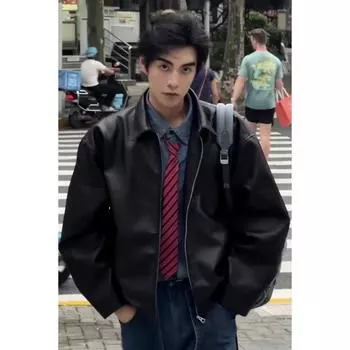 Американская ретро черная кожаная куртка мужская, высокого класса, весна-осень, чистый крой, крутая и стильная куртка с наплечниками, мотоциклетный костюм M чёрный