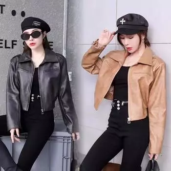 Американская ретро-дизайн мотоциклетная кожаная куртка для женщин осенняя короткая искусственная кожа серое короткое пальто миниатюрный топ S