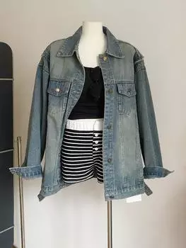 Американская ретро-джинсовая куртка 2000-х годов, женская осенняя винтажная свободная повседневная куртка, топы, корейский модный дизайн, уличная одежда S синий