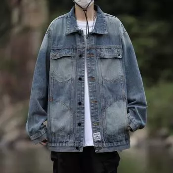 Американская ретро джинсовая куртка мужская модная брендовая куртка High Street Tooling Design Sense свободная повседневная хулиганская красивая верхняя часть M синий