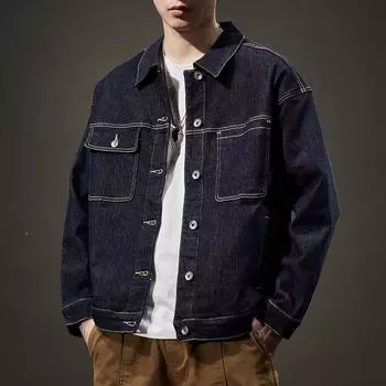 Американская ретро джинсовая куртка мужская свободная куртка большого размера тяжелая верхняя эластичная одежда модный бренд M темно-синий