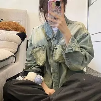 Американская ретро-джинсовая куртка с трехмерным карманом для мужчин и женщин, повседневная куртка с постепенным изменением цвета и фактурой M синий