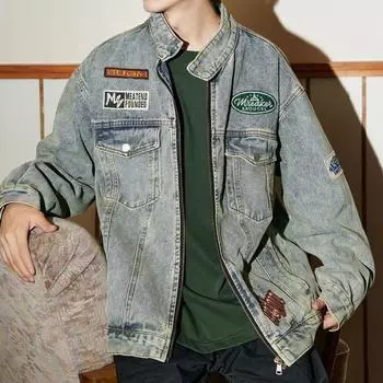 Американская ретро-джинсовая куртка с значком для мужчин и женщин, модная брендовая свободная куртка для пар Bf Fan Car S