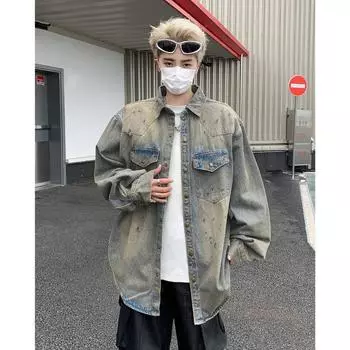 Американская ретро джинсовая рубашка куртка мужская весна и осень новый стиль старый свободный красивый повседневный длинный рукав рубашка мужская модная M