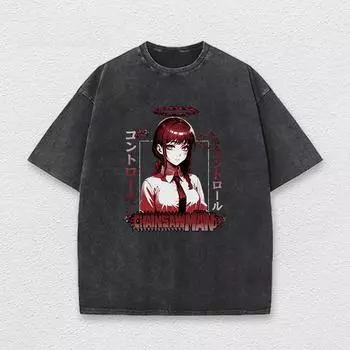 Американская Ретро Футболка с Мультяшным Принтом Человек-Бензопила Хлопок Y2k Ретро Стиль Харадзюку Круглый Вырез Короткий Рукав Мужская S