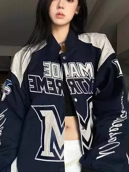 Американская ретро-гоночная мотоциклетная куртка: Унисекс, яркий дизайн с цветовыми блоками, уличный стиль, свободный крой M