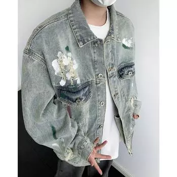 Американская ретро-граффити рваная джинсовая куртка для мужчин весна и осень новая уличная красивая модная повседневная свободная куртка M