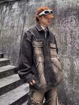 Американская ретро-грубая кромка, стирка, постепенная смена, джинсовая куртка, мужская и женская, сезонная американская куртка высокого класса с лацканами M чёрный