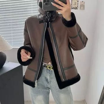 Американская ретро кожаная декоративная стойка воротник меховая интегрированная утолщенная термокуртка женская куртка M