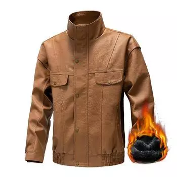 Американская ретро кожаная куртка мужская зимняя новая плюшевая кожаная куртка воротник-стойка повседневная свободная куртка мужская одежда M