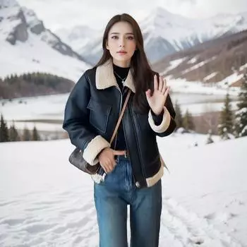 Американская ретро кожаная куртка женская 2024 осень-зима корейская версия темперамент иностранный стиль утолщенная сращивание лацканов меховая интегрированная куртка S 80-54 kg