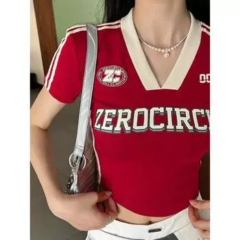 Американская ретро красная укороченная футболка с v-образным вырезом женская 2024 летняя полосатая уличная одежда с буквенным принтом футболки Egirl Y2k укороченный топ L синий