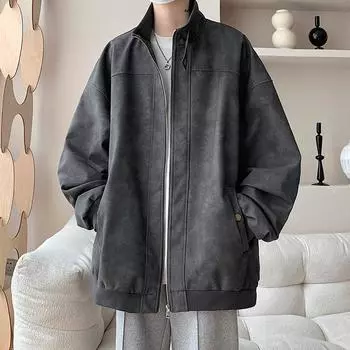 Американская ретро-куртка из искусственной кожи, мужская осенняя куртка-рубашка, красивая, высокого класса, свободная, повседневная, с воротником-стойкой M