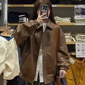 Американская ретро-куртка из кожи с лацканами, женская, весенняя, новая, высококачественная, свободная, универсальная, повседневная, мотоциклетная куртка, топ S