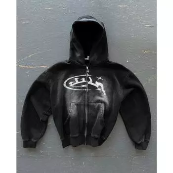 Американская ретро-мода Y2K с принтом на молнии с капюшоном, новинка Harajuku, мужская и женская хип-хоп-куртка с длинными рукавами, толстовка с капюшоном S чёрный