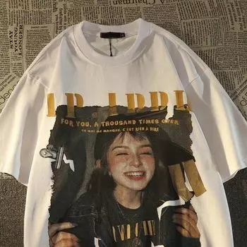 Американская Ретро Оверсайз Футболка из Чистого Хлопка с Коротким Рукавом Женская Мужская Летняя Свободная Модная Ветровка Модный Бренд Топы с Половиной Рукава White [Heavy weight 210g pure cotton]] XL