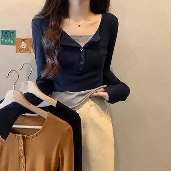 Американская ретро поддельная футболка из двух частей с длинными рукавами для женщин, ранняя осень, дизайн, прошитые пуговицы, тонкая горячая девушка, нижняя часть рубашки, верхняя часть S