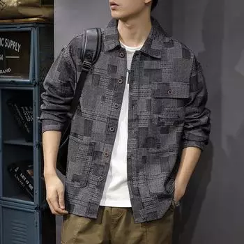 Американская ретро полосатая джинсовая рубашка мужская свободная большого размера модная брендовая повседневная куртка с лацканами инструменты для улицы M чёрный