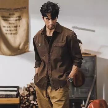 Американская ретро-рубашечная куртка-куртка мужская свободная модная повседневная рубашка с длинными рукавами M светло-серый