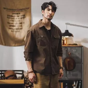 Американская ретро-рубашечная куртка-куртка мужская свободная модная повседневная рубашка с длинными рукавами M чёрный