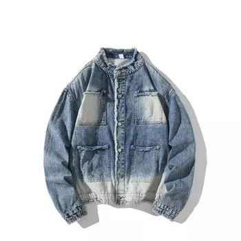 Американская ретро-рваная джинсовая куртка с необработанным краем, мужская весенне-осенняя свободная повседневная куртка градиентного цвета S