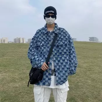 Американская ретро-шахматная джинсовая куртка для мужчин и женщин, модная брендовая фрид-стрит, свободная повседневная куртка хулигана с длинными рукавами и грубым краем M синий