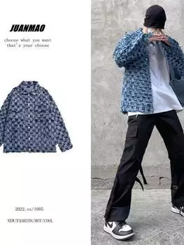 Американская ретро-шахматная джинсовая куртка для мужчин и женщин, модная брендовая фрид-стрит, свободная повседневная куртка хулигана с длинными рукавами и грубым краем M синий