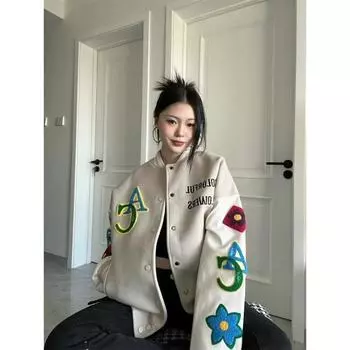 Американская ретро-стежка с вышитыми буквами бейсбольная форма весна и осень новый свободный корейский студенческий универсальный кардиган внешний для женщин S белый