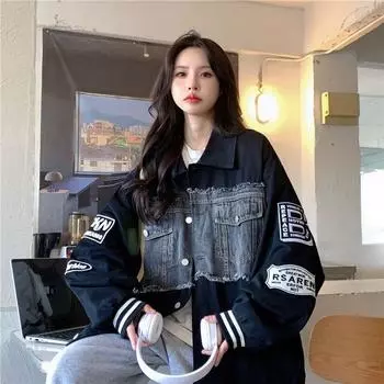 Американская ретро-стежка с вышивкой из денима бейсбольная форма пальто для женщин весна и осень новый свободный корейский студенческий универсальный тренд S белый