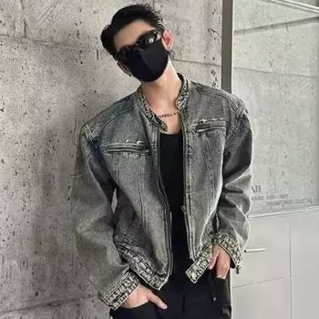 Американская ретро-стильная стираная подплечники короткая сплайсированная джинсовая куртка модный бренд металлический дизайн без воротника мужская куртка M синий