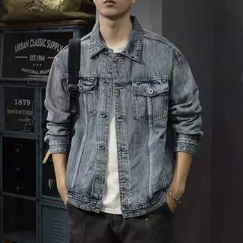 Американская ретро-стираемая белая джинсовая куртка мужская свободная большого размера Ruffian Handsome Trend Tooling Jacket Denim M