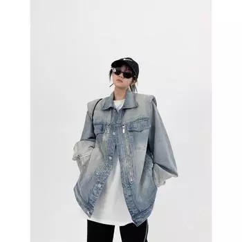 Американская ретро-стираемая джинсовая куртка для мужчин и женщин, модная брендовая нишевая куртка с подкладкой на плечах, универсальная куртка для пары M