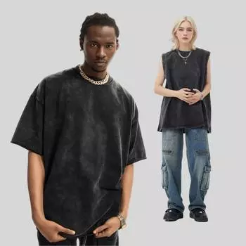 Американская ретро-стирка, чтобы сделать старую однотонную дышащую повседневную плотную хлопковую мужскую и женскую футболку с коротким рукавом M чёрный