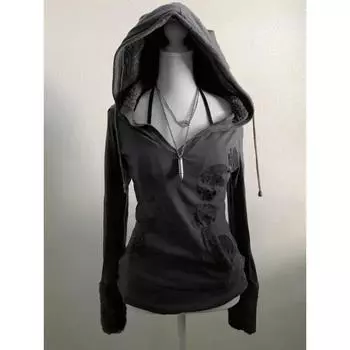 Американская ретро-субкультура Y2K, серая футболка с длинными рукавами, оригинальная толстовка с капюшоном в старом стиле, облегающий женский топ для улицы, осенняя мода S серый