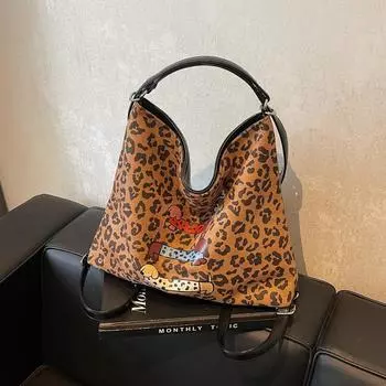 Американская ретро-сумка через плечо 2024 года, новая вместительная сумка через плечо с леопардовым принтом, трендовая универсальная сумка-тоут 35*10*30 темно-коричневого