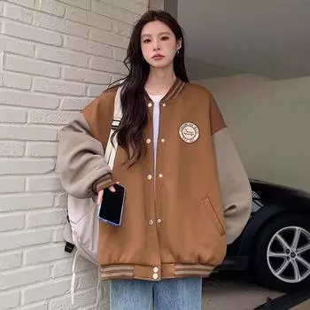 Американская ретро свободная черная куртка бейсбольная куртка женская осень и зима 2024 новый взрывной топ оверсайз M хаки