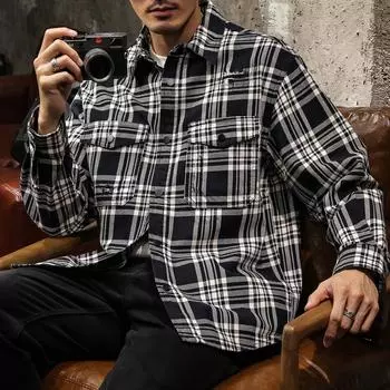 Американская ретро тяжелая черно-белая клетчатая рубашка с длинными рукавами, мужская сезонная модная брендовая свободная куртка, дюймовая одежда M